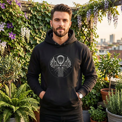 Black hoodie featuring a winged Ankh graphic, symbolizing life and ancient Egyptian mythology.