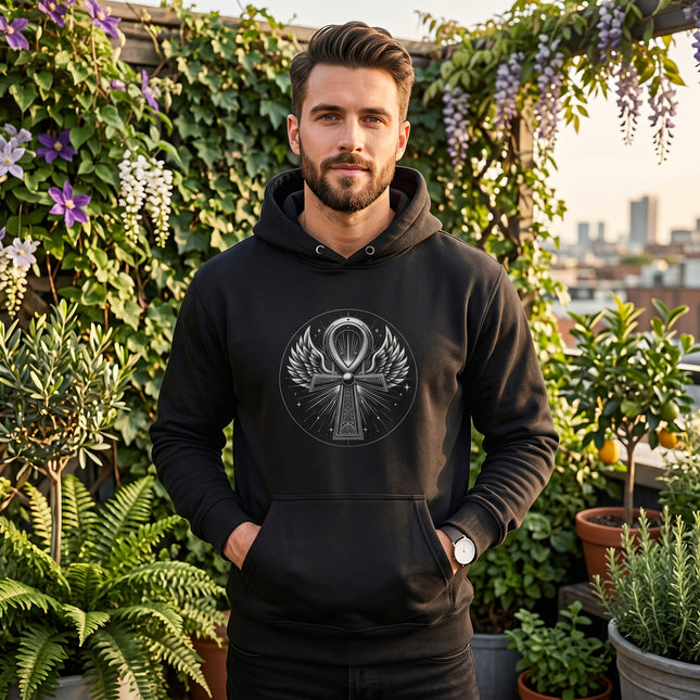 Black hoodie featuring a winged Ankh graphic, symbolizing life and ancient Egyptian mythology.