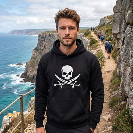 Black pullover hoodie with a white pirate skull and crossed swords graphic.