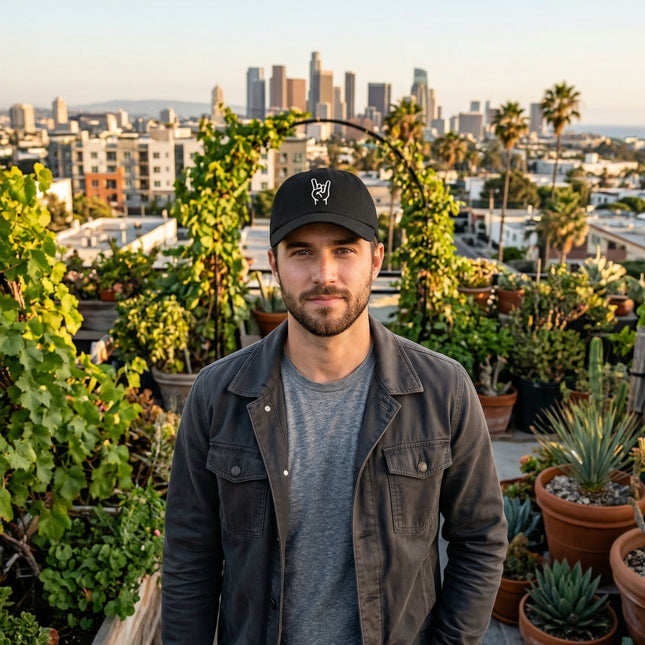 Black baseball cap featuring embroidered Sign of the Horns hand gesture for rock culture.