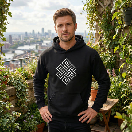 Black hoodie featuring the white Endless Knot symbol, a Buddhist graphic representing eternity.
