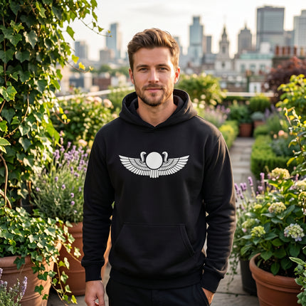 Black hoodie featuring an Egyptian winged sun disk graphic. Mythology and ancient culture apparel.