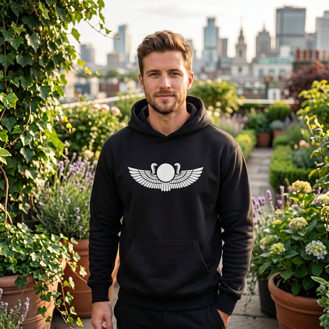 Black hoodie featuring an Egyptian winged sun disk graphic. Mythology and ancient culture apparel.