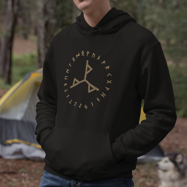 Black Norse rune hoodie featuring Futhark runes and a central bind rune symbol.
