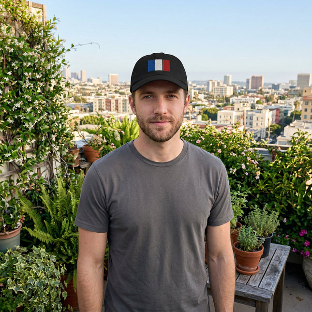 Black baseball cap with embroidered French tricolor flag design.