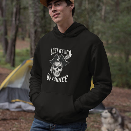 Nautical pirate skull hoodie design with 'Lost At Sea' rebel freedom print pullover.