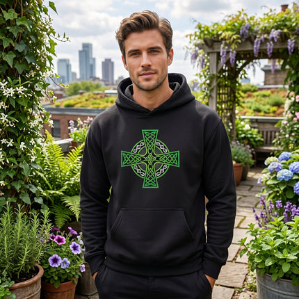 Green Celtic Cross knotwork design on a black unisex pullover hoodie.