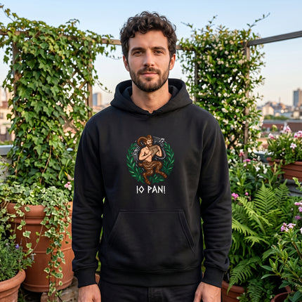 IO PAN! Satyr panpipes hoodie graphic. Greek mythology faun art pullover for pagan apparel.