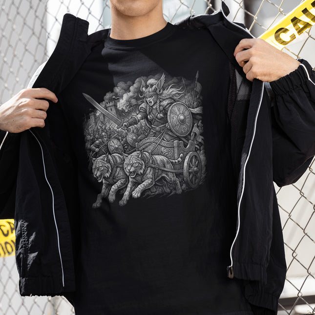 Freya Goddess Warrior T-Shirt | Norse Mythology Cats Chariot Graphic