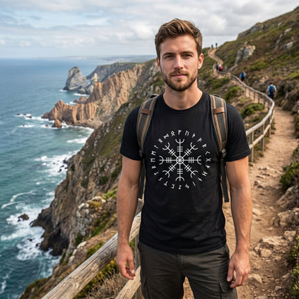 Norse Helm of Awe runes graphic tee on a black t-shirt. Viking runic design apparel.