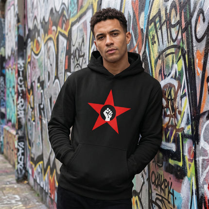 Black hoodie featuring a red star and raised fist graphic, symbolizing solidarity and protest.