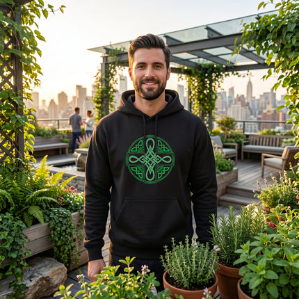 Green Celtic knotwork symbol on black unisex hoodie.
