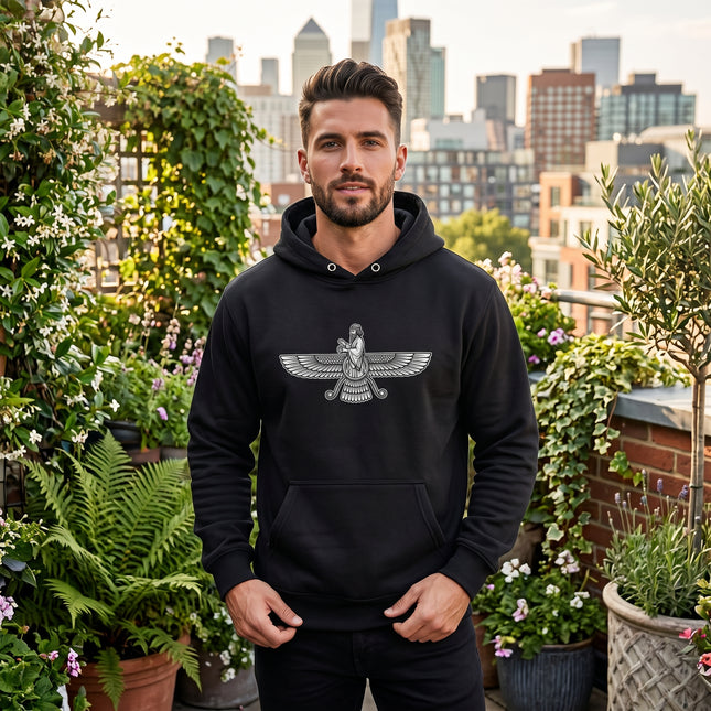 Black Faravahar Zoroastrian symbol graphic hoodie featuring the ancient Persian symbol.