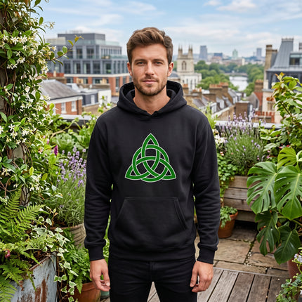 Green Triquetra Celtic knot graphic on a black unisex hoodie.