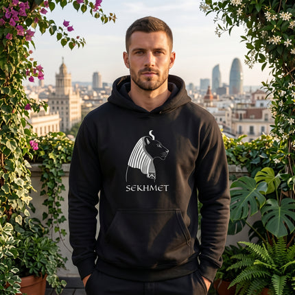 Black Sekhmet Egyptian Lion Goddess hoodie featuring a stylized graphic and text.