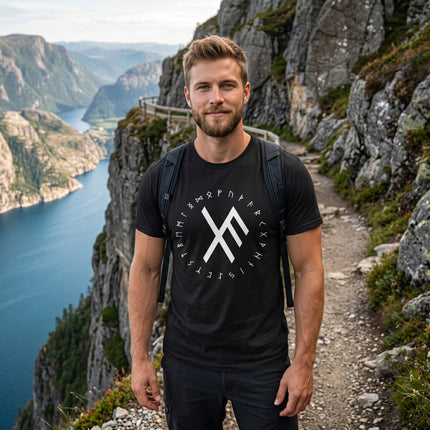 Black Norse rune graphic tee featuring a white bind rune sigil design.