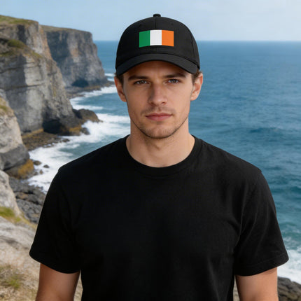 Black baseball cap with the Irish tricolor flag. Show your Irish pride and heritage.