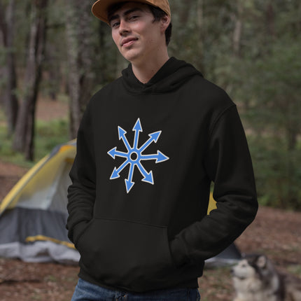 Eight-arrow star graphic on a unisex pullover hoodie. Symbol of Chaos print fleece sweatshirt.