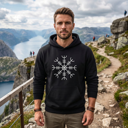 Norse Aegishjalmur symbol on black Viking hoodie pullover.