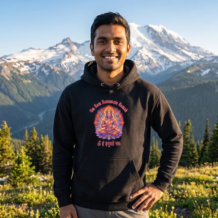 Om Ham Hanumate Namah Hanuman mandala print pullover hoodie featuring Hindu mantra art.