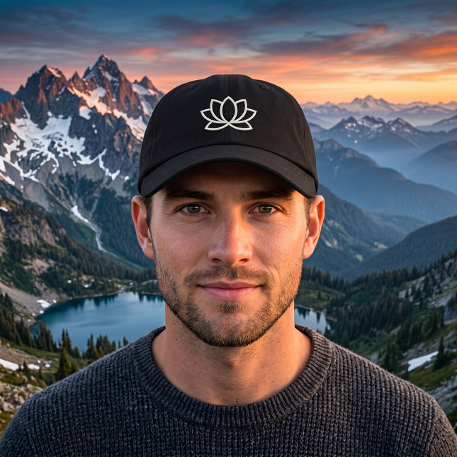Black baseball cap featuring a white embroidered lotus flower symbol.
