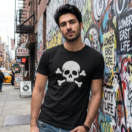 Black t-shirt featuring a bold white skull and crossbones graphic.