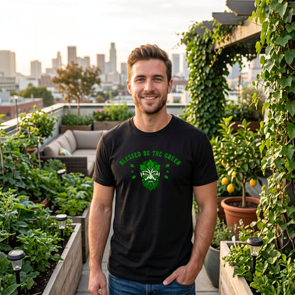 Black unisex tee with "Blessed Be The Green" nature graphic for pagan or earth spirit style.