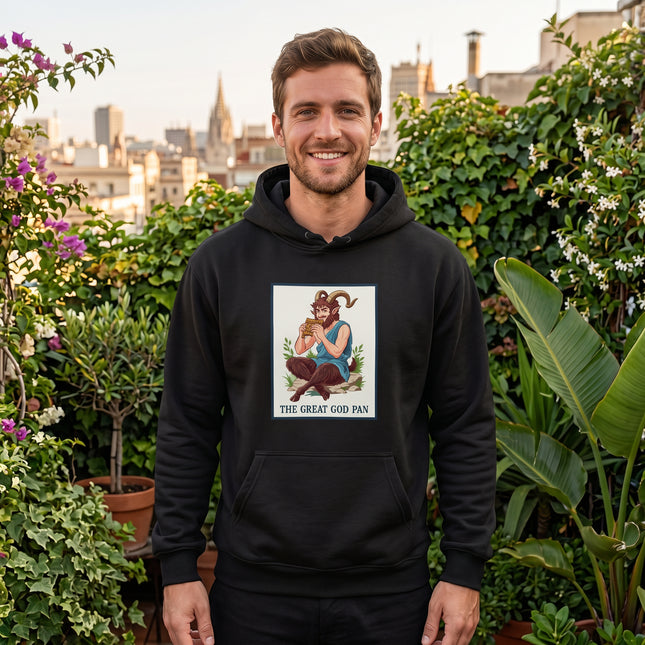 Pan satyr graphic on black hoodie, featuring Greek mythology's god of the wild.