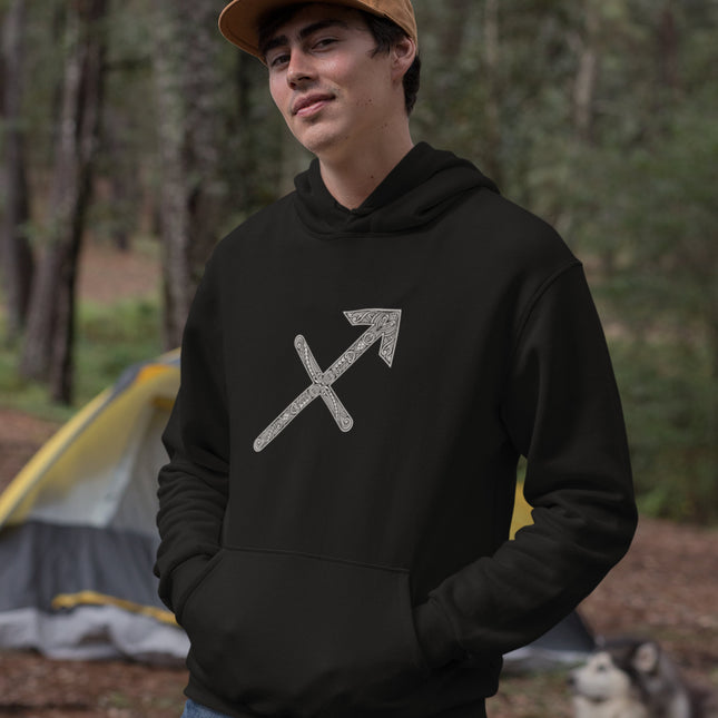 Sagittarius zodiac arrow hoodie featuring a Celtic knot design.