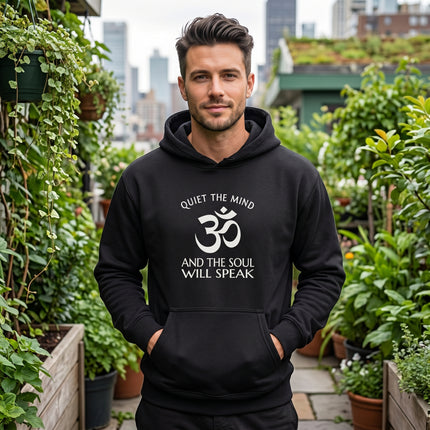 Black spiritual hoodie featuring the Om symbol and "Quiet the Mind and the Soul will Speak" text.