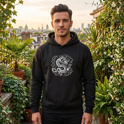 Black hoodie featuring a detailed white Chinese dragon graphic print. Asian mythology streetwear design.