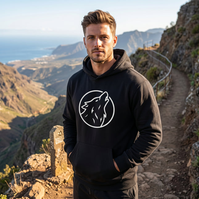 Howling wolf silhouette graphic on a black unisex pullover hoodie. Minimalist line art design.