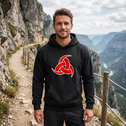 Black hoodie featuring a red Odin's Horns Norse symbol graphic.