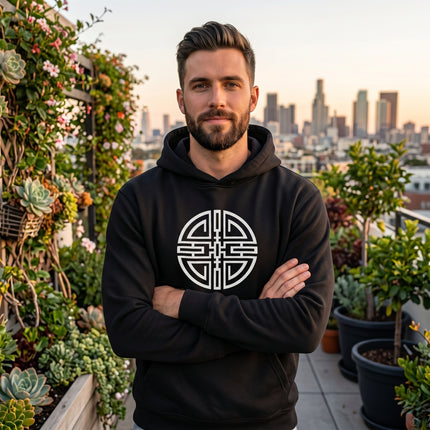 Black Cai symbol hoodie. Unisex pullover sweatshirt featuring Chinese prosperity graphic.