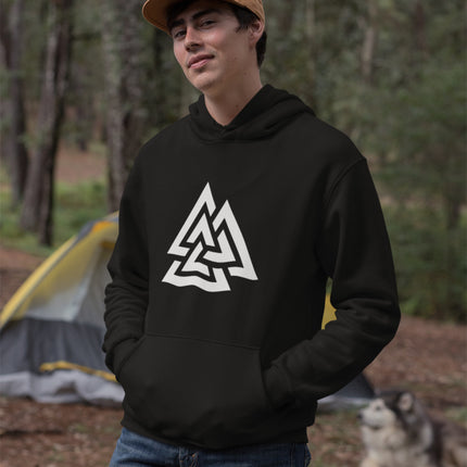 Viking Valknut symbol graphic printed on a unisex Norse Asgard pullover hoodie.