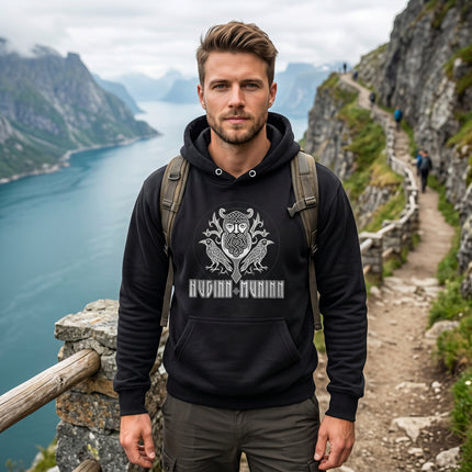 Norse Huginn & Muninn raven graphic hoodie featuring Odin's ravens symbolism.