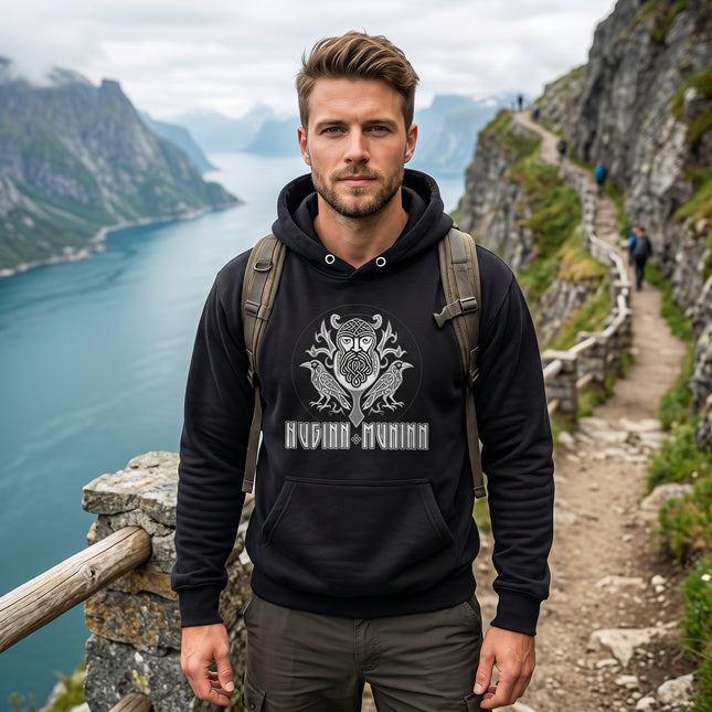 Norse Huginn & Muninn raven graphic hoodie featuring Odin's ravens symbolism.