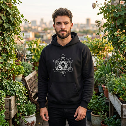 Metatron's Cube sacred geometry graphic on a black unisex pullover hoodie.