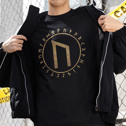 Black Uruz Rune t-shirt with gold Norse Elder Futhark symbols.