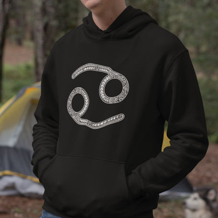Cancer zodiac sign hoodie featuring ornate white astrology artwork.
