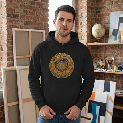 Feathered Serpent Sacred Geometry Hoodie - Gold Mandala Design