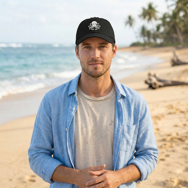 Black baseball cap featuring a white embroidered octopus design.