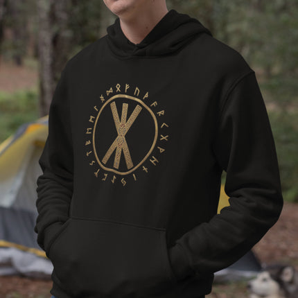 Black pullover hoodie with gold Norse runes and Viking strength symbol graphic.