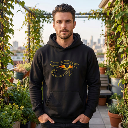 Black hoodie featuring the gold Eye of Ra symbol. Ancient Egyptian graphic apparel.