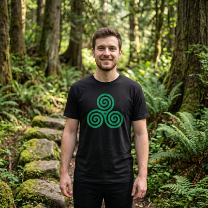 Black t-shirt featuring a green Celtic triskele triple spiral design.