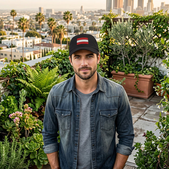Black baseball cap with embroidered Austrian flag, perfect for showing national pride and Austrian heritage.