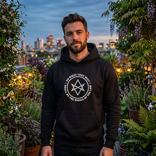 Black graphic hoodie featuring the "Do What Thou Wilt" hexagram symbol.