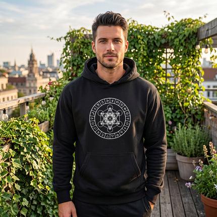 Black hoodie featuring Metatron's Cube and sacred geometry symbols. Unisex spiritual design.