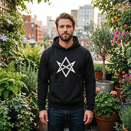 Black hoodie with white Unicursal Hexagram occult symbol. Thelema apparel.