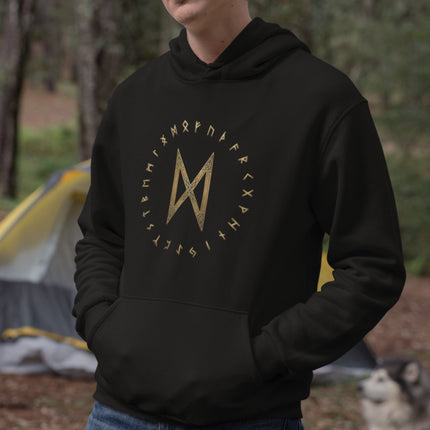 Black hoodie featuring the Dagaz rune and the full Elder Futhark alphabet in gold detail.